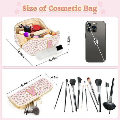 Personalized Travel Makeup Bag Set,Initial Travel Cute Floral Makeup Organizer Bag,Toiletry Skincare Cosmetic Bag,Christmas Gifts for Women/Girls,Open Flat Toiletry Pouch with Brush Pocket-D