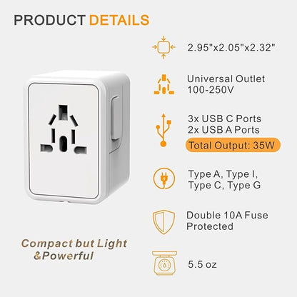 Universal Travel Adapter Worldwide- 35W GaN III/PD Fast Charge European Travel Plug Adapter with 3 USB-C& 2 USB-A Ports, International Power Adapter for US to Europe UK AUS Japan(Type C/G/A/I) (white)