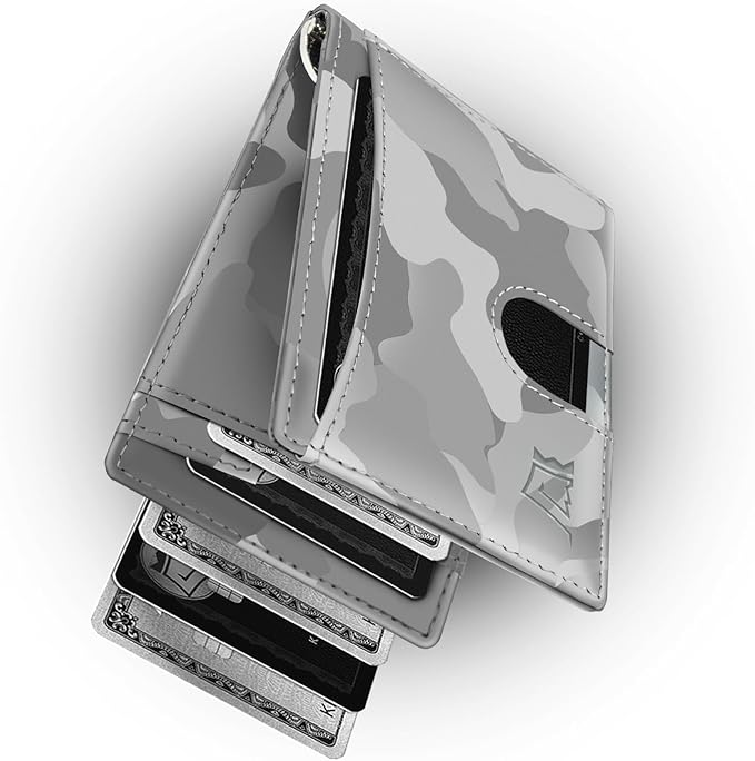 Kings Loot Money Clip Slim Minimalist Wallet for Men – RFID Blocking Leather Design with Money Clip – Front Pocket Bifold Holds 12 Cards – Stylish & Compact Wallets (Camo White)