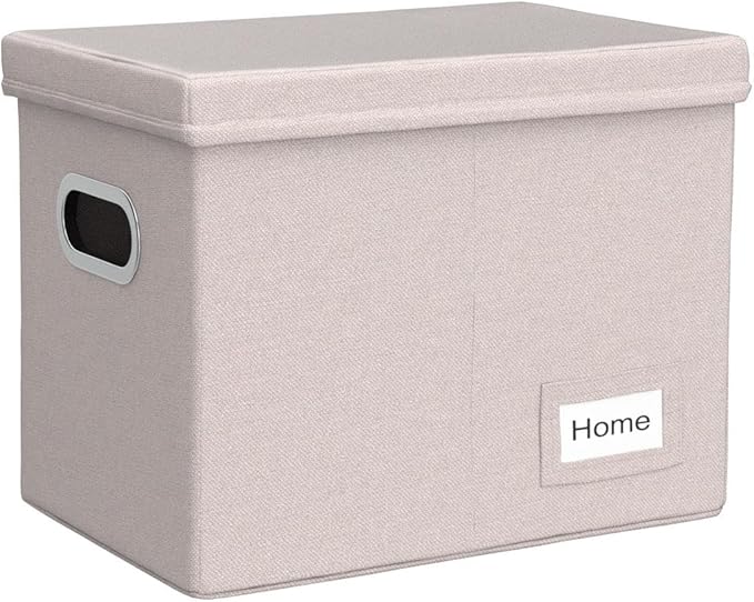 PRANDOM File Organizer Box - Set of 1 Collapsible Decorative Linen Filing Storage Hanging File Folders with Lids Office Cabinet Letter Size Light Grey (14x9.3x10.8 inch)