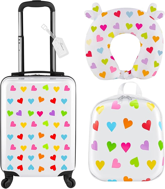 Sanwuta 4 Pcs Kids Luggage Set Backpack Travel Rolling Suitcase U-shape Pillow Christmas Children Gift for Girls Boys(17 Inch,Heart Style,White)
