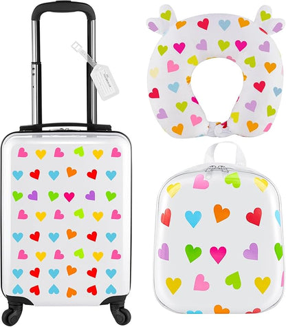 Sanwuta 4 Pcs Kids Luggage Set Backpack Travel Rolling Suitcase U-shape Pillow Christmas Children Gift for Girls Boys(17 Inch,Heart Style,White)