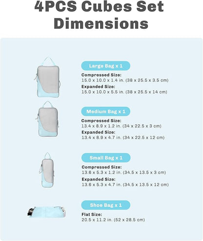 Hynes Eagle 6 Set/ 4 Set/ 2 Set Compression Packing Cubes Travel Essentials Lightweight Nylon Luggage Suitcase Organizer Bag Light Blue 4PCS