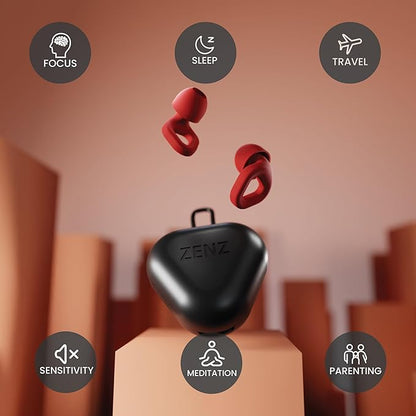 Zenz Unwind Ear Plugs for Sleeping Noise Reduction - Comfy Reusable Soft Silicone Earplugs for Focus, Study, Work - 8 Pair Eartips in XS/S/M/L - 27dB Hearing Protection with Storage Case - Fiery Red