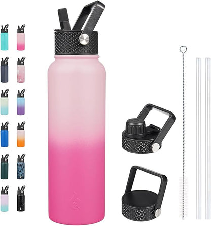 BJPKPK Insulated Water Bottles with Straw Lid, 40oz Stainless Steel Metal Water Bottle with 3 Lids, Reusable Thermo, Keep Cold Hot for Sports, Gym-Cherry