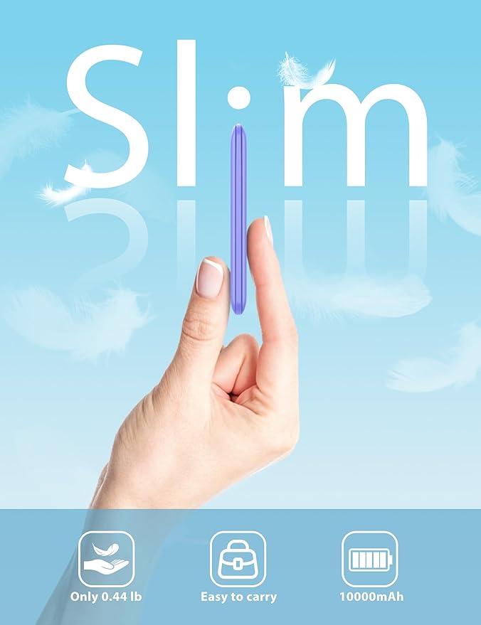 10000mAh Compatible with iPhone 15/16/17 and Android, Slim Portable Charger with Built in Cable, Power Bank Travel Charger External Battery Pack for Phone, 3 Output USB Type C, 2 Pack White & Purple