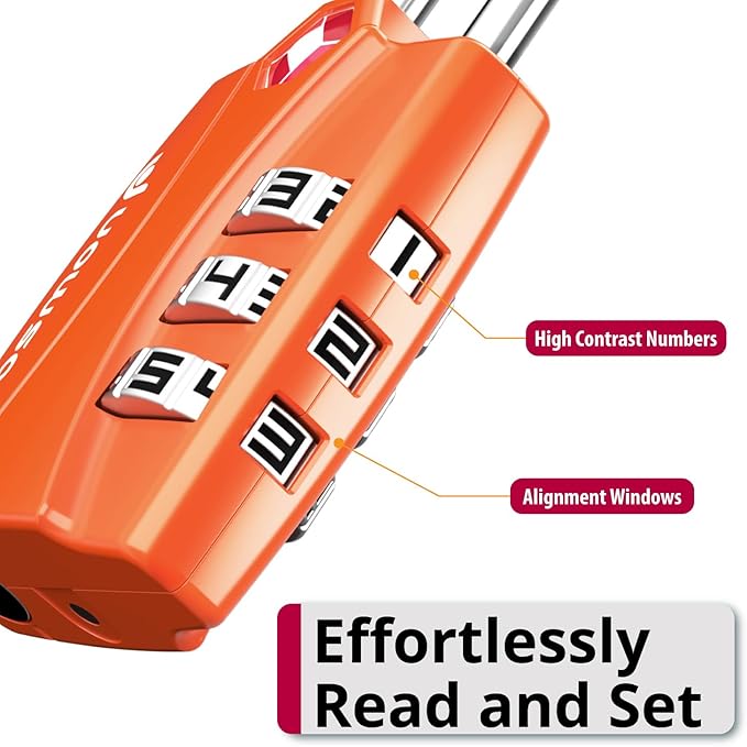 Fosmon TSA Accepted Luggage Locks (Orange - 4 Packs), Open Alert Indicator 3 Digit Combination Padlock Codes for Travel Bag, Suit Case, Lockers