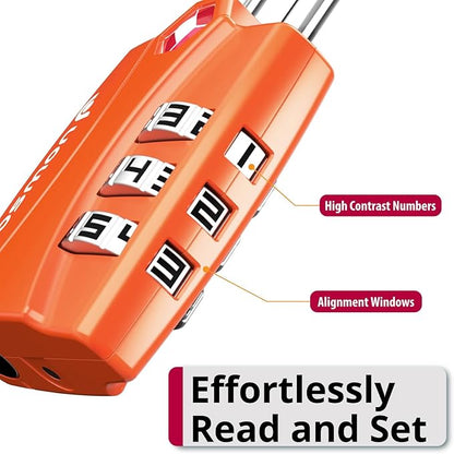 Fosmon TSA Accepted Luggage Locks (Orange - 4 Packs), Open Alert Indicator 3 Digit Combination Padlock Codes for Travel Bag, Suit Case, Lockers