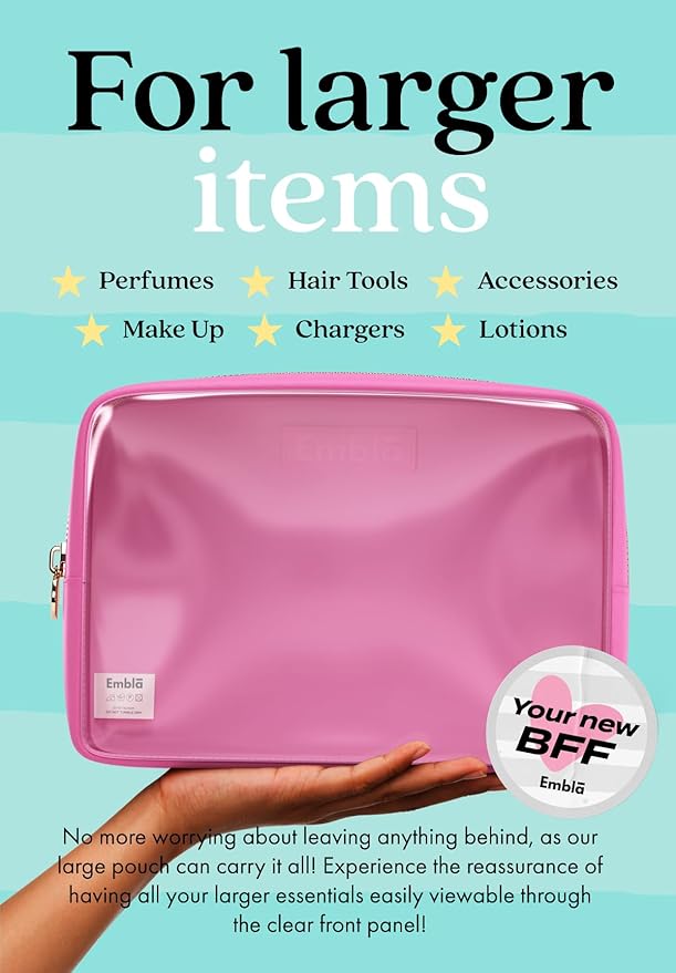 Embla London Makeup Bag Cosmetic Case, Clear Zipper Make Up Pouch and Toiletry Travel Tote, Cute Skincare Pouches for Women Girls, Preppy Purse Cosmetic Organizer, Large Makeup Bags, Bubblegum