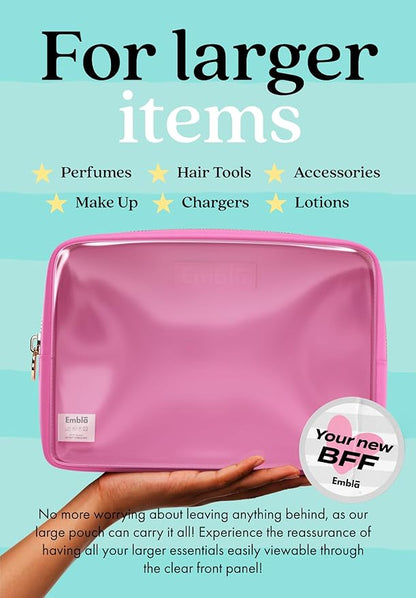Embla London Makeup Bag Cosmetic Case, Clear Zipper Make Up Pouch and Toiletry Travel Tote, Cute Skincare Pouches for Women Girls, Preppy Purse Cosmetic Organizer, Large Makeup Bags, Bubblegum