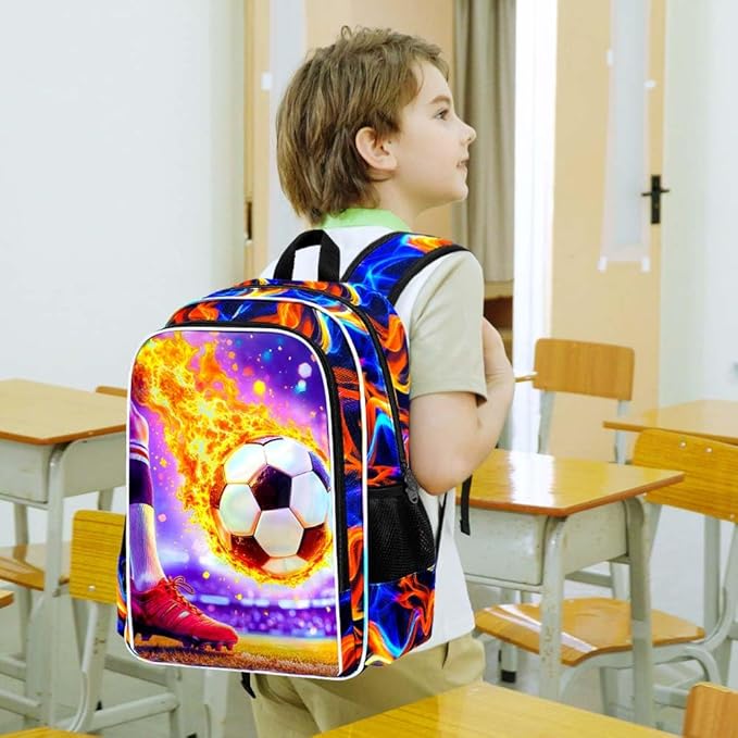 WZLVO 3PCS Soccer Bookbag for Boys, 17" Cool UV Printing Kids Backpack/School Bag with Lunch Box & Pencil Bag for Elementary to Middle - Flaming Soccer Kick