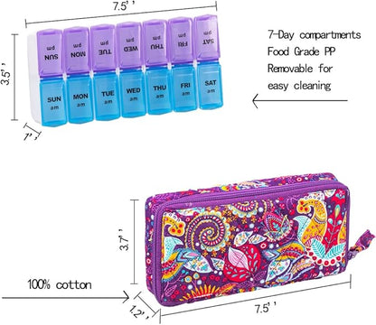Weekly Pill Organizer 2 Times a Day, Zumd Pill Box 7 Day with Cute Quilted Fabric Zipper Case, Travel Pill Case Am Pm for Vitamin Medicine Organizer