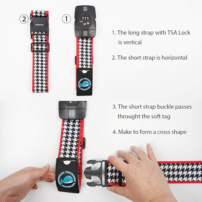 Travelkin Luggage Straps TSA Approved - Adjustable Cross Suitcase Straps with TSA Lock, Reinforced Buckle, Unique Pattern - Secure Heavy Duty Luggage Straps for Travel (Houndstooth)