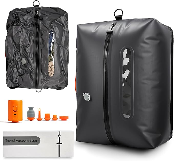 Vacuum Travel Bags with Pump, 34L Space Saver Vacuum Compression Bags for Travel Luggage Suitcase Backpack, Waterproof & Reusable Vacuum Packing Cubes for Clothing (1PCS + Pump)