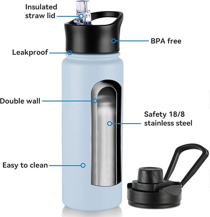 16 oz Insulated Water Bottle with Straw Lids, Stainless Steel Kids Water Bottles for School, Double Wall Vacuum Metal Water Bottle with Straw & Wide Mouth Lid, Light Blue 4 Pack