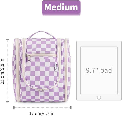 Narwey Small Checkered Hanging Travel Toiletry Bag for Women, Travel Bag for Toiletries, Makeup Bag Organizer Cosmetic Bags Make Up Bags for Women (Purple Checkerboard)