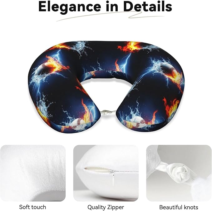 Travel Pillow for Boys and Girls, Comfortable Neck Chin Head Support Cushion Ice Water Fire Lightning Baseball Ball, Comfortable for Airplanes Car Sleeping Rest
