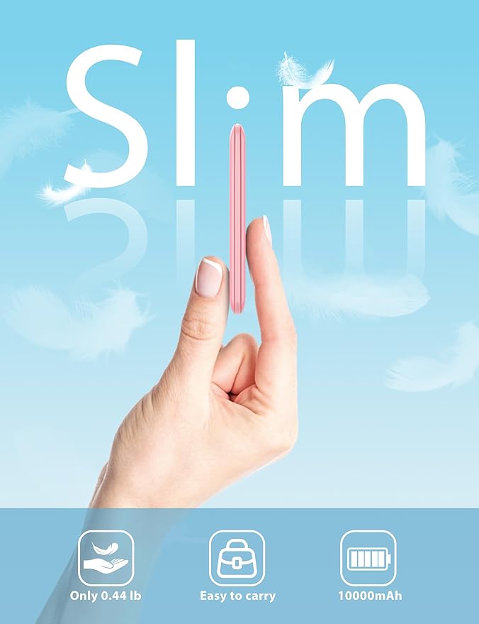 10000mAh Compatible with iPhone 15/16/17 and Android, Slim Portable Charger with Built in Cable, Power Bank Travel Charger External Battery Pack for Phone, 3 Output USB Type C, 2 Pack Black & Pink