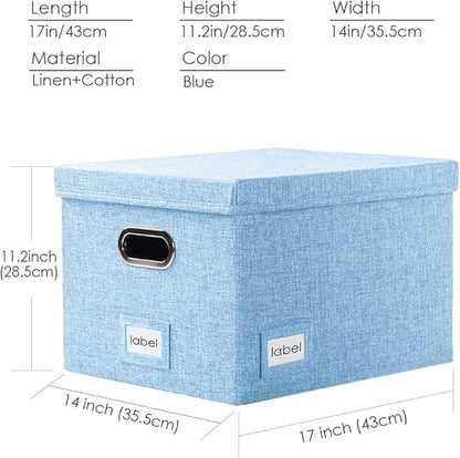 PRANDOM File Organizer Box - Set of 2 Collapsible Decorative Linen Filing Storage Hanging File Folders with Lids Office Cabinet Letter/Legal Size Blue (17x14x11.2 inch)