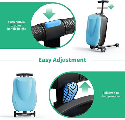Scooter Hardshell Kids' Luggage, Foldable Carry on Kids Suitcase with Telescopic Handle for Travel, Multifunctional Ride On Lightweight Luggage with Wheels, Light Blue