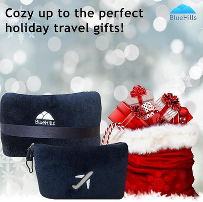 BlueHills Premium Soft Travel Blanket Pillow in Mini Soft Case Plush Airplane Blanket Compact Pack with Luggage Belt and Backpack Clip Long Flights Essentials Navy Blue M04
