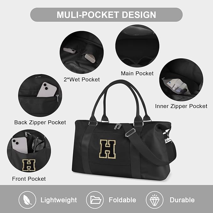 Dance Gym Duffel Bag for Teen Girls, Personalized Initial Travel Weekender Bag,Cute Overnight Carry On Duffle for Women,Sports Travel Cheer Bag,Monogram Christmas Gifts for Tween Preppy(black-H)