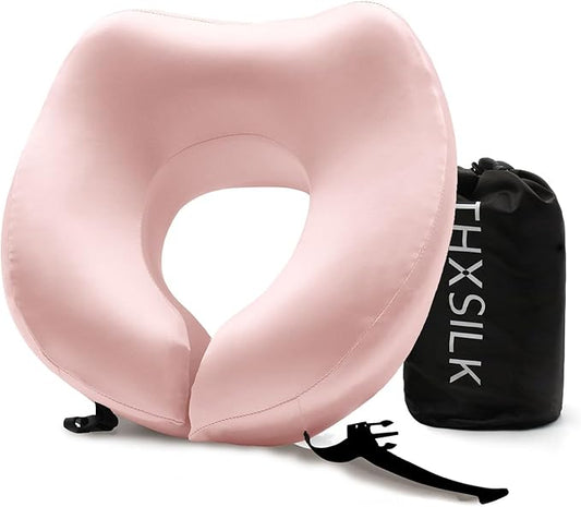 THXSILK 100% Mulberry Silk Neck Pillow for Traveling, Pure Memory Foam Travel Pillow for airplanes, Travel Neck Pillow for Sleeping, Head and Neck Support, neck pillow with Storage Bag (Charming Pink)