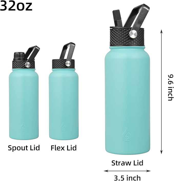 BJPKPK Insulated Water Bottles with Straw Lid, 32oz Metal Large Water Bottle with 3 Lids, Reusable Leak Proof BPA Free Thermo, Stainless Steel Tumblers for Sports, Gym, Travel-Turquoise