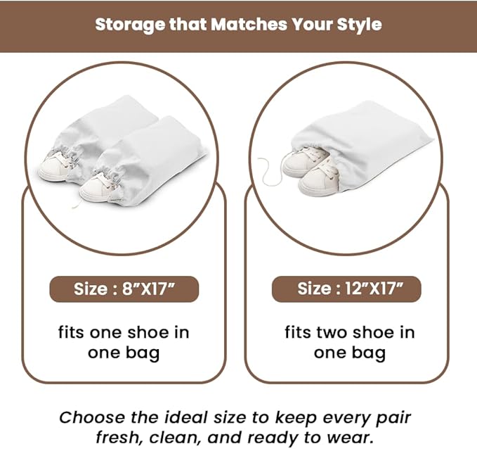 LFH Cotton Rich Shoe Storage Bags with Drawstring, Dustproof Breathable Reusable Organizer, Perfect For Travel, Dorm, Hotel, College, Gym, Easy to Carry, Machine Washable 8"x17" (Pack of 6) - White