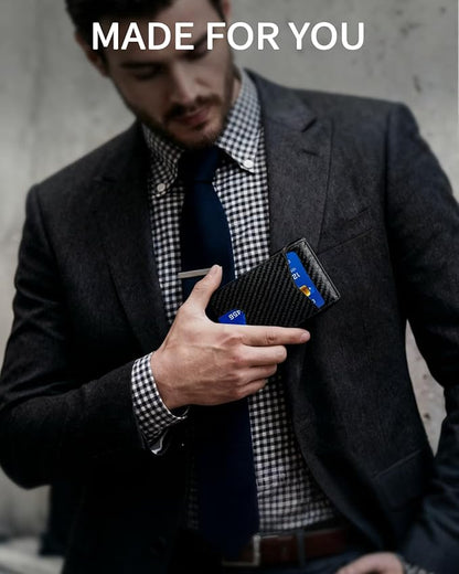 MNGARISTA Wallet for Men,Slim Minimalist Bifold Wallet with RFID Blocking,Pop-Up Credit Card Holder with ID Window & Money Clip,Magnetic Flip Metal Wallet for 11-13 Cards,Gifts for Men-Carbon Fiber