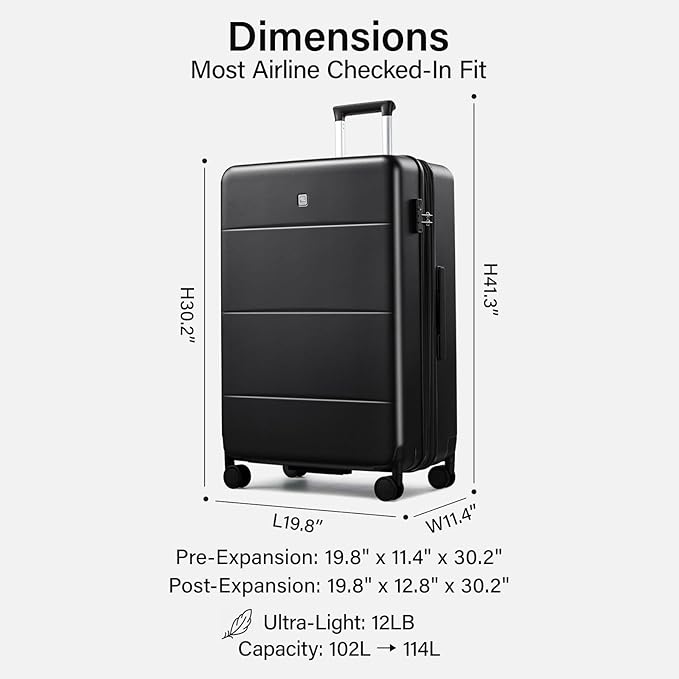 Hanke Expandable 28 Inch Luggage with Spinner Wheels, Hardside Large Suitcase, All-PC Hard Shell Checked Luggage, TSA Lock, Durable Checked-Large (Jet Black, 114L)