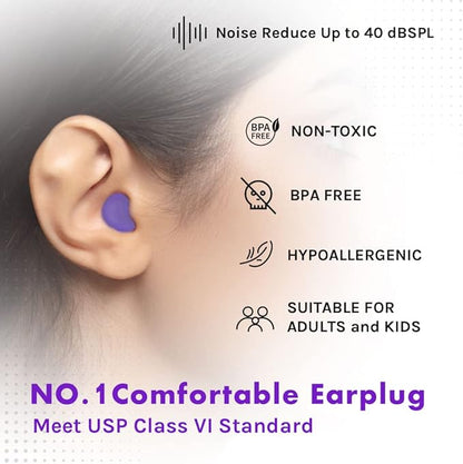 Ear Plugs for Sleeping, Acousdea Reusable Moldable Silicone Ear Plugs, Waterproof, Suitable for Snoring, Swimming, Working, Studying, Noise Cancelling up to 40 dBSPL, Purple with Carry Case, 6 Pairs