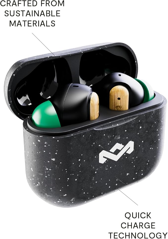 House of Marley Little Bird True Wireless Earbuds, Touch Controls, Built-in Mic, 24 Hours Playtime with Case, USB-C Quick Charge, Sustainable Materials, Movie and Gaming Mode, Black