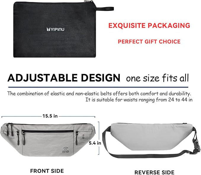 Travel Money Belt for Men and Women hidden slim passport holder - travel wallet with RFID blocking under clothes to protect Cash, Credit Cards and Documents (GRAY)