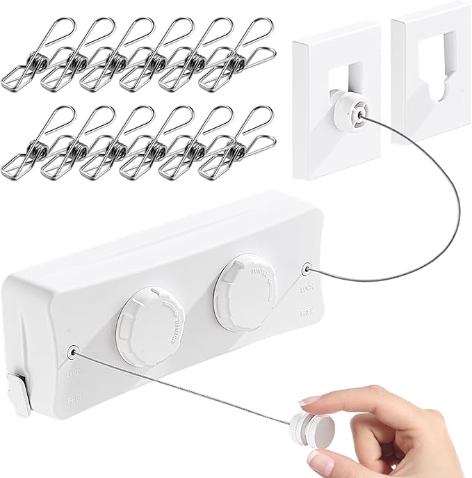 Retractable Clothesline - Heavy Duty 44lb Dual 304 Stainless Lines,16.7ft Anti-Sag Design,Install for Indoor/Outdoor Use (White, Dual Lines)