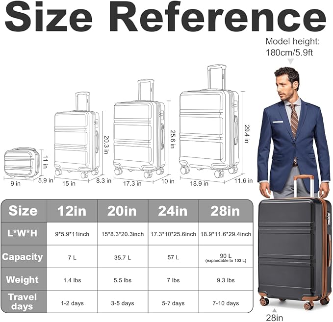 Kono 4 Piece Luggage Sets Expandable(only 28") with Spinner Wheels TSA Lock Lightweight PC+ABS Hardside Travel Rolling Suitcases 20in 24in 28in Carry on and 12in Mini Cosmetic Case Apricot Black