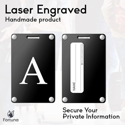 Premium 3-Layer Aluminum Luggage Tags by Fortuna - Easy to Claim, Laser-Engraved, Plastic-Free, and Eco-Friendly Luggage Tag Holders, 2-Pack, Black (A)