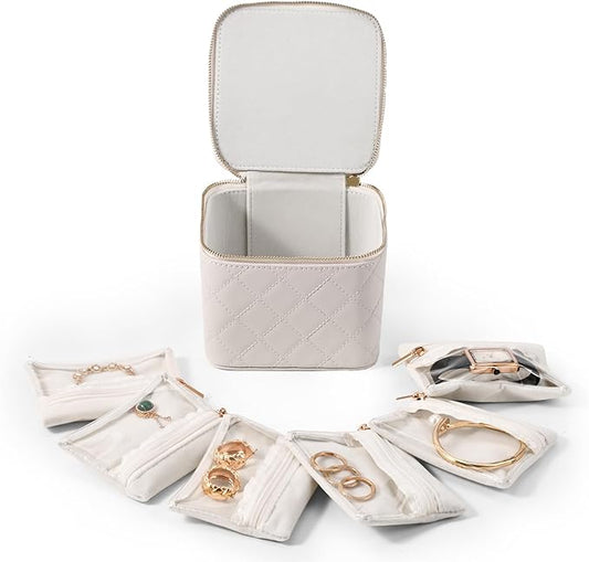 Travel Jewelry Box Organizer - Small Jewelry Case with 6 Small Velvet Zipped Pouches Pockets for Jewelry Necklaces Rings Earrings Storage(White)
