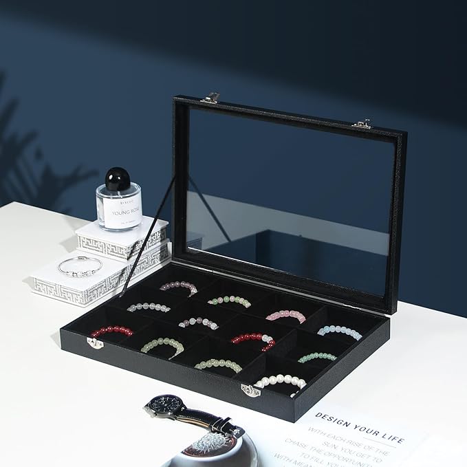 Coward Jewelry Organizer Box, Black Velvet 12 Grids Bracelet Bangle Necklace Jewelry Display Tray Case with Transparent Glass Lid for Home Drawer Desk or Store Selling Show