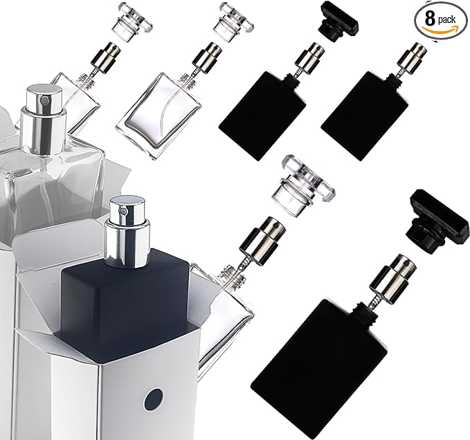 Liquid Perfume Bottles Empty Glass 30ml Portable Square Atomizer Bottle Transparent Refillable for Eau De Toilette - 8 Pack (Clear and Black)