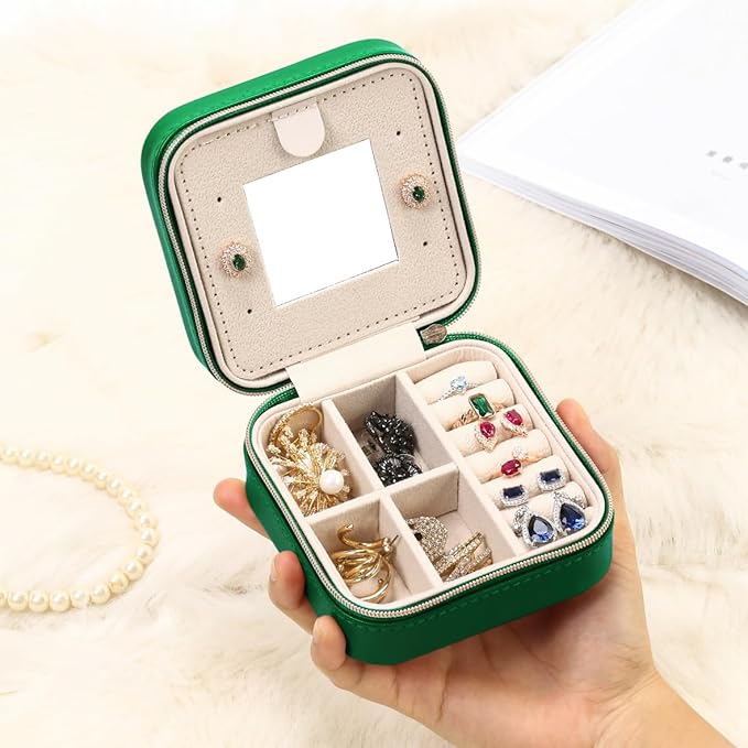 Jewelry Travel Case with Mirror,Small Travel Jewelry Organizer, Portable Jewelry Box Travel Mini Storage Organizer Portable Display Storage Box For Rings Earrings Necklaces (Green-4packs)
