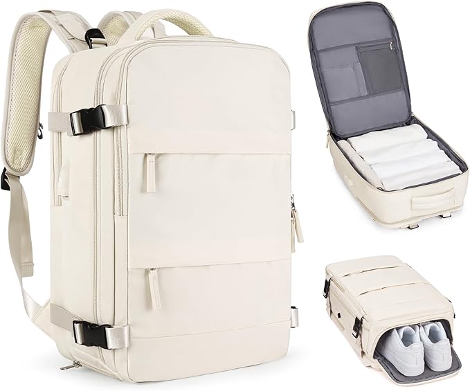coofay Beige Travel Backpack For Women Men Airline Approved Personal Item Carry On Flight Approved Waterproof Backpack For Traveling On Airplane Weekender Travel Bag