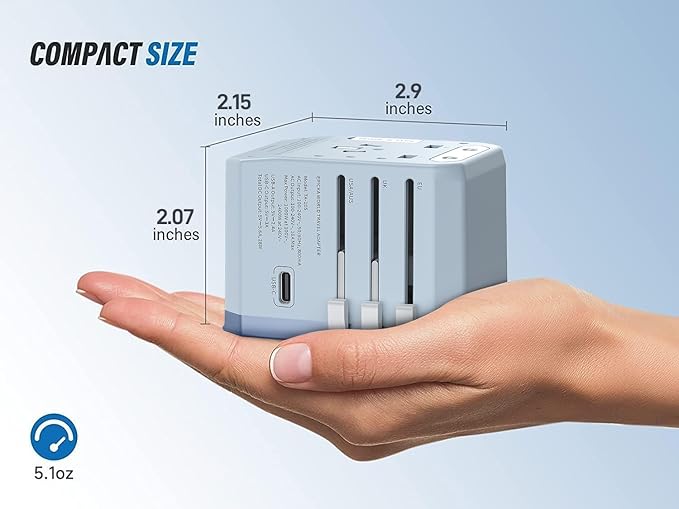 EPICKA European Travel Plug Adapter, Universal Travel Adapter - International Power Adapter Worldwide Charger with USB-C & 4 USB-A Ports, Travel Essentials for Italy, Japan, Europe, UK (TA-105, Blue)
