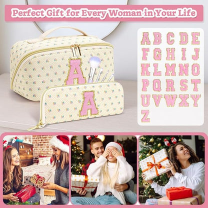 Personalized Travel Makeup Bag Set,Initial Travel Cute Floral Makeup Organizer Bag,Toiletry Skincare Cosmetic Bag,Christmas Gifts for Women/Girls,Open Flat Toiletry Pouch with Brush Pocket-C