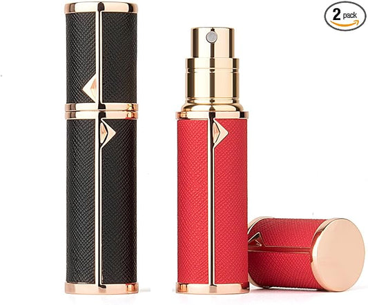 Refillable Perfume Bottle Atomizer for Travel,2Pcs 5ML Empty Perfume Spray Fine Mist,Mini Luxury Leather Refill Pump Case,for Man and Woman (2pcs Black+Red)