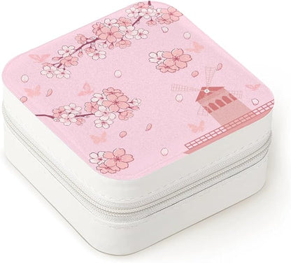 Cherry Blossom Leather Jewelry Boxes, Pink Mini Travel Jewelry Case Organizer, Elegant Jewelry Organizers and Storage with Mirror, Christmas and Birthday Present for Women's and Girls