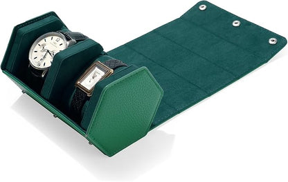 Oirlv Luxury Hexagonal Leather Watch Travel Case Watch Organizer Case for Men Portable Jewelry Storage Roll Organizer(2-Slot,Green)