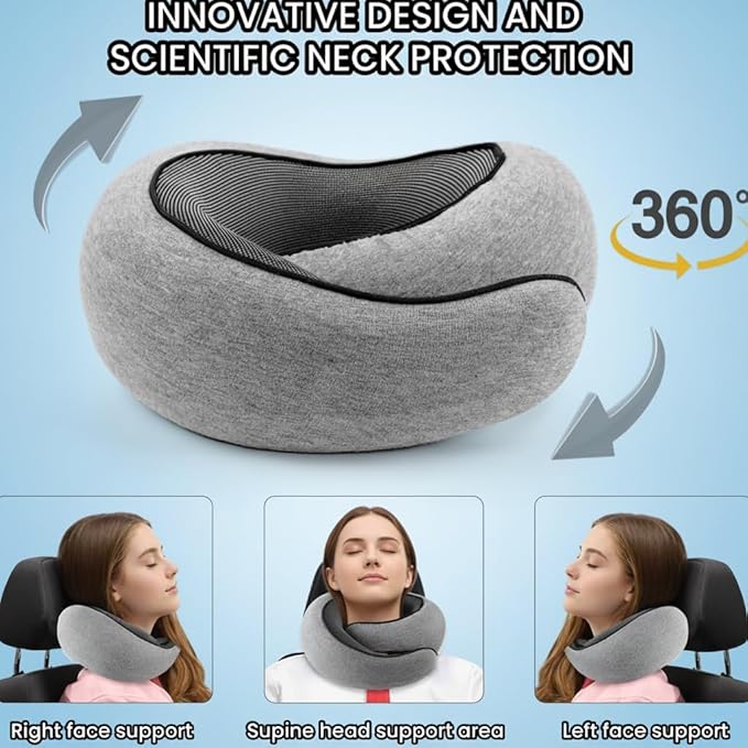Neck Pillow Airplane 2025, Neck Pillow with 360° Ergonomic Support Design, 100% Pure Memory Foam Travel Pillow for Flight Headrest Sleep, Portable Plane Accessories, Light Grey
