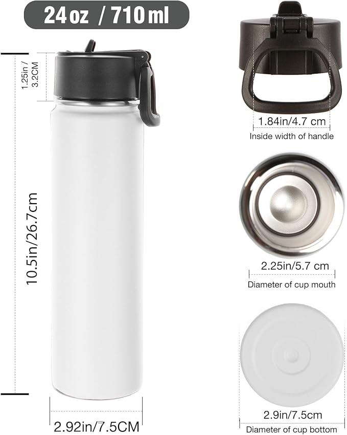 Volhoply 24oz Insulated Water Bottle With Straw Bulk 3 Pack,Metal Wide Mouth Water Bottles With Handle Lid Keep Cold,Reusable Double Wall Cups,Powder Coated Sport Bottle For Holder(White,3 Count)