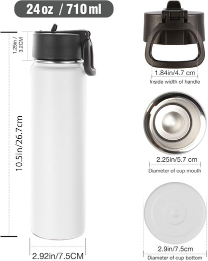 Volhoply 24oz Insulated Water Bottle With Straw Bulk 3 Pack,Metal Wide Mouth Water Bottles With Handle Lid Keep Cold,Reusable Double Wall Cups,Powder Coated Sport Bottle For Holder(White,3 Count)